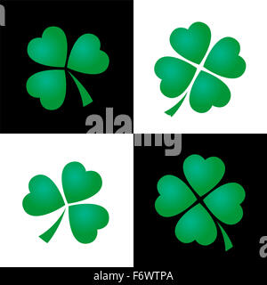 Shamrock pattern, tre e quattro trifogli lasciato in bianco e nero di sfondo quadrato. Foto Stock