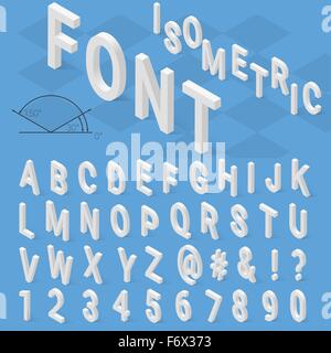 Isometrica alfabeto font con ombra su sfondo blu Illustrazione Vettoriale