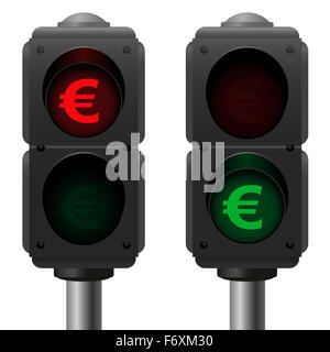 Euro semaforo, come un simbolo per il bene e il male le finanze. Immagine su sfondo bianco. Foto Stock