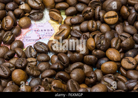 Cartina geografica di Uganda coperto da uno sfondo di chicchi di caffè tostati. Questa nazione è uno dei principali produttori e exporte Foto Stock