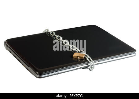 Blocco per portatile con catene isolate su uno sfondo bianco. Le riprese di un angolo Foto Stock
