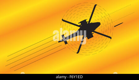 Un attacco elicottero silhouette sparando tutte le armi su uno sfondo colorato Foto Stock
