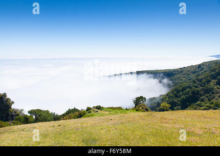 Madeira paesaggio montano sotto un cielo blu Foto Stock