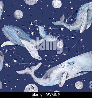 Seamless texture con animali marini e costellazione stelle su sfondo blu Foto Stock