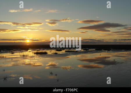 Vista su tutta saltmarsh con riflessioni di nubi lenticolare e giallo tramonto Ribble Estuary, Fairhaven, costa di Fylde, Regno Unito Foto Stock