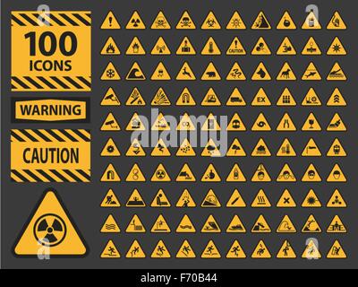 Vettore set icn triangolo giallo di avvertimento attenzione cartelli di pericolo. Illustrazione Vettoriale