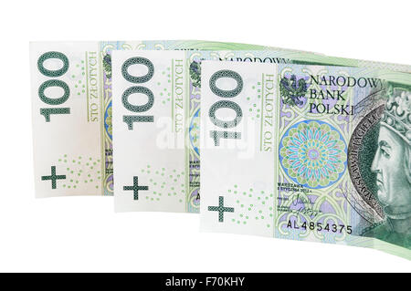 Lucidare le banconote di 100 PLN isolato su sfondo bianco con tracciato di ritaglio Foto Stock