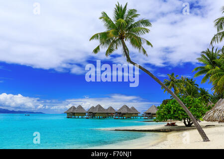 Bungalow sull'acqua di lusso resort tropicale, isola di Bora Bora, vicino a Tahiti, Polinesia francese, oceano pacifico Foto Stock