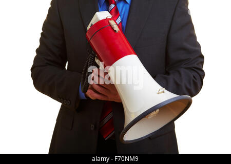Imprenditore Senior tenendo un grande megafono in mano Foto Stock