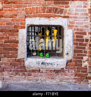 Venezia Italia. Casa parete esterna edificio dettaglio, finestra con barre di antifurto e di mare, a cavallo e ornamenti di coccodrillo Foto Stock