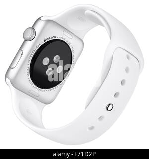 Varna, Bulgaria - 16 Ottobre 2015: Apple guardare dello sport 42mm argento Case in alluminio bianco con banda di sport. Vista posteriore completamente nel fuoco. Foto Stock