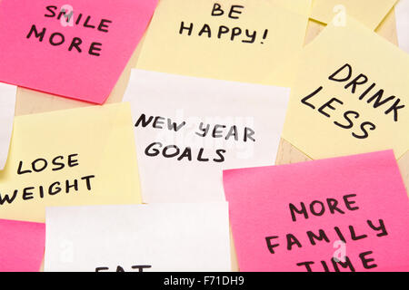 Popolari Nuovo anno obiettivi o risoluzioni grafia sulla colorata di rosa, arancione e bianco sticky note vuote Foto Stock