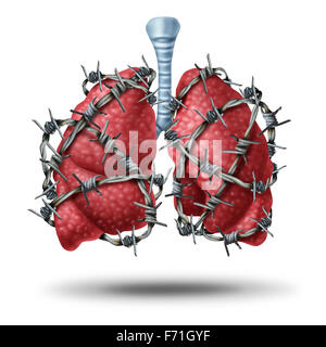 Il dolore del polmone concetto medico come una coppia di polmoni umani organ avvolto con una pericolosa o spinato barb filo come una cura di salute simbolo di problemi cardiovascolari come la fibrosi cistica o dolore toracico metafora. Foto Stock