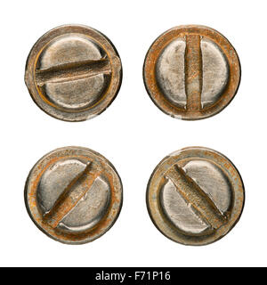 Vecchio arrugginito teste di vite isolata su bianco. Foto Stock