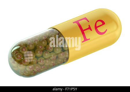 Capsula con ferro Fe elemento isolato su sfondo bianco Foto Stock