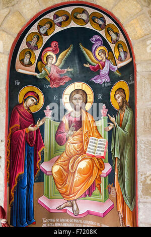 Pittura murale all'interno del Santo Monastero di Varlaam, Meteora, Tessaglia, Grecia Foto Stock