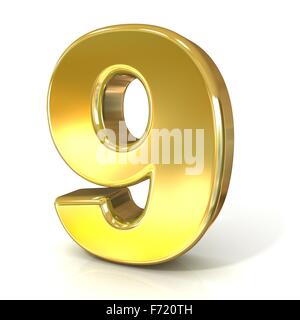 Cifre numeriche raccolta, 9 - nove. 3D golden segno isolato su sfondo bianco. Il rendering di illustrazione. Foto Stock
