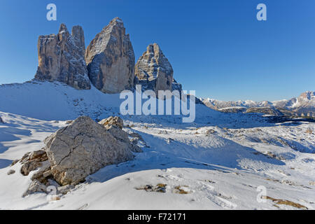 Fronte nord delle Tre Cime di Lavaredo, Sextner Dolomiten, Alto Adige Provincia, Trentino Alto Adige, Italia, Europa Foto Stock