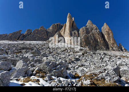 Tre Cime di Lavaredo, Sextner Dolomiten, Alto Adige Provincia, Trentino Alto Adige, Italia, Europa Foto Stock