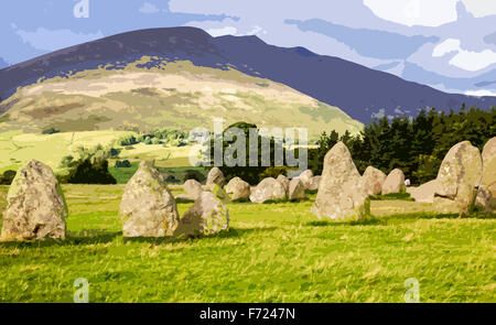 Un poster in stile illustrazione da una fotografia di Castlerigg Stone Circle, Parco Nazionale del Distretto dei Laghi, Cumbria, England, Regno Unito Foto Stock