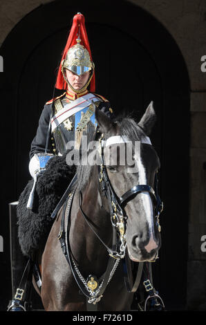 Un soldato montato dal Blues e Royals reggimento dell'Esercito britannico sta di guardia sulla sfilata delle Guardie a Cavallo, Whitehall, Londra. Foto Stock