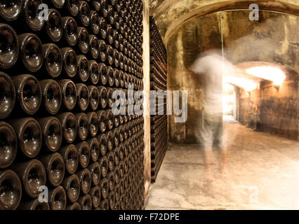 Le bottiglie di vino impilati su una cantina in un vigneto nell'isola di Mallorca Foto Stock