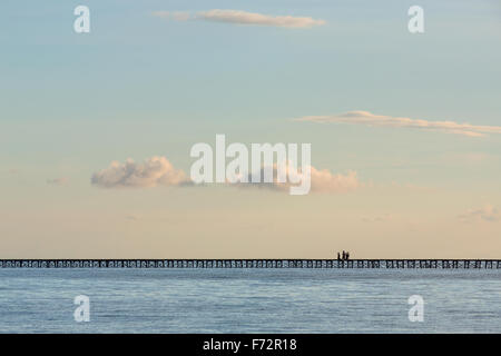 Panorama della indigenousness persone da Bajo villaggio sulle isole Togean attraversando il ponte alla terraferma, Indonesia, Asia Foto Stock