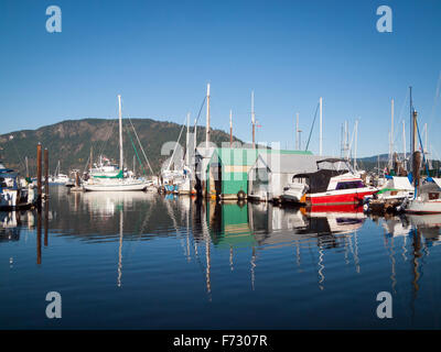 La pesca del tonno barche, salmone barche da pesca ed altre imbarcazioni ormeggiate presso i pescatori's Wharf in Cowichan Bay, BC, Canada. Foto Stock