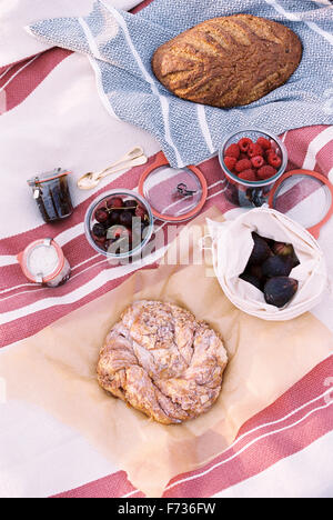 Angolo di Alta Vista del cibo su una coperta picnic, vari tipi di pane e frutta. Foto Stock