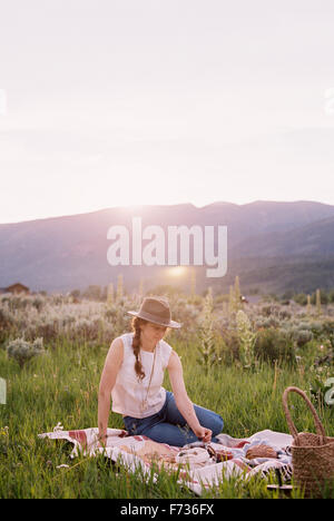 Donna con un picnic su un prato. Foto Stock