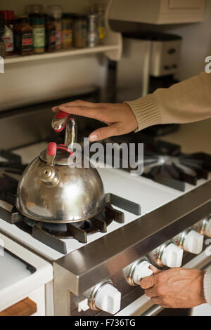 Close up di un acciaio inossidabile il bollitore su una stufa. Foto Stock