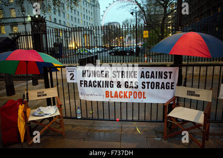 Londra, Regno Unito. 24 Novembre, 2015. Il sito di un anti-fracking sciopero della fame di fronte a Downing Street da Geza Tarjanyi, aka Gayzer Frackman, di Frack libera Fylde contro la fratturazione idraulica sul Wyre & costa di Fylde in Lancashire. Credito: Mark Kerrison/Alamy Live News Foto Stock