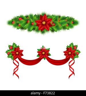 Ghirlande con poinsettia, agrifoglio, pino su bianco Illustrazione Vettoriale