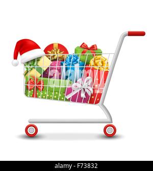 Vendita di Natale colorate Carrello con confezioni regalo e sacchetti I Illustrazione Vettoriale