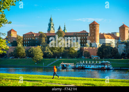 Vista sul castello di Wawel dal fiume Vistola a Cracovia il mattino Foto Stock