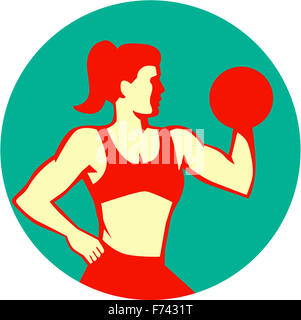 Illustrazione di una donna femmina il sollevamento di pesi peso fitness training visto dal lato impostato all'interno del cerchio fatto in stile retrò su sfondo isolato, Foto Stock