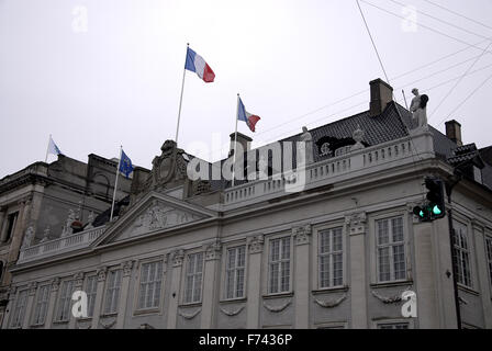 Copenhagen, Danimarca. Xxv Novembre. 2015. La polizia presenta all ambasciata di Francia dopo Parigi attentati hanno attaccato la gente fiori di laici e venite a visitare l'ambasciata francese a Copenhagen, in Danimarca. Credito: Francesco Dean/Alamy Live News Foto Stock