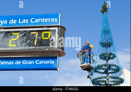 Las Palmas de Gran Canaria, Isole Canarie, Spagna. 25 Novembre, 2015. Meteo: Breve quote scommessa su un bianco Natale su Gran Canaria come la spiaggia albero di Natale arriva fino sulla spiaggia cittadina con la temperatura di una mite 27gradi Celsius ( 80 gradi Fahrenheit ). Credito: Alan Dawson News/Alamy Live News Foto Stock