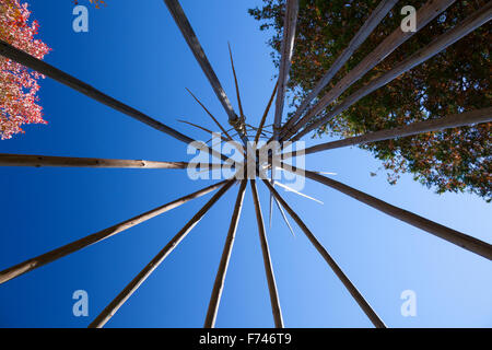 Guardando verso la parte superiore di un tende Tepee che manca il suo animale tradizionale Nascondi copertura. Algonquin Provincial Park, Ontario, C Foto Stock