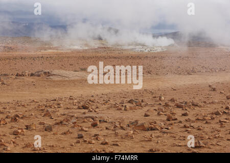 Attiva zona vulcanica con bocchette Geothermical in Islanda area Krafla Foto Stock