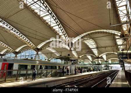 LEUVEN, BELGIO-aprile 14, 2015: il treno e i passeggeri in attesa di partenza sulla stazione ferroviaria di Leuven Foto Stock