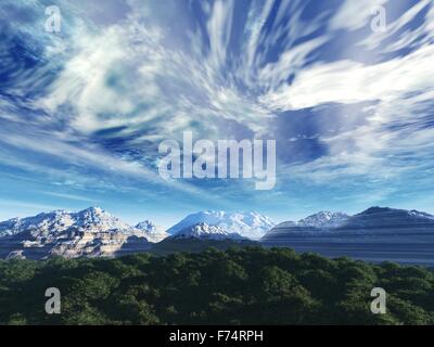 Tempesta cielo sopra vette innevate delle montagne e albero Foto Stock