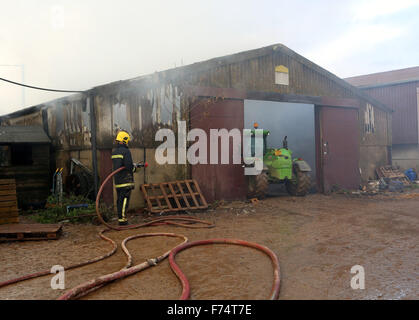 Fareham, Hampshire, Regno Unito. 25 Novembre, 2015. Fire equipaggi da Fareham, Gosport e Hightown erano chiamati ad un fienile fattoria in Brownwich Lane in a Titchfield questo pomeriggio. Hampshire Fire and Rescue Service Manager Guarda Ian Cambridge da Fareham detto 'quando il primo equipaggio a cui hanno partecipato il granaio era ben illuminato." Egli andò poi a lodare gli sforzi della frequentando gli equipaggi e il duro lavoro che hanno messo in per fermare l'incendio di propagarsi agli altri due fienili adiacenti. Un vettore acqua doveva essere chiamato a causa della limitata alimentazione idrica all'interno dell'area. Credito: uknip/Alamy Live News Foto Stock