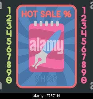 Blocco note con penna design piatto icona colorata. Vettore vendita calda etichetta. Illustrazione Vettoriale