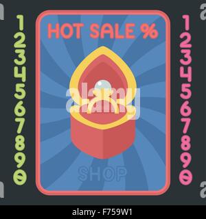 Scatola cuore con anello in oro design piatto icona. Vettore vendita calda etichetta. Illustrazione Vettoriale