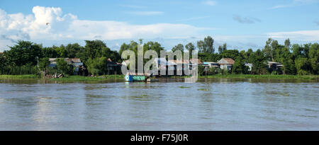 Delta del Mekong, Vietnam: tipica scena lungo il fiume nel Delta del Mekong, vista dal ponte di una nave da crociera. Foto Stock