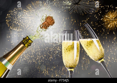 Immagine composita di champagne popping Foto Stock