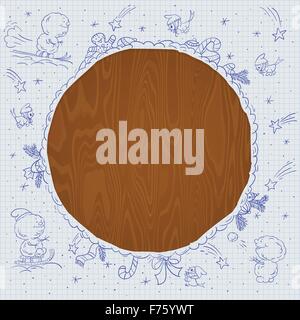 Vettore di Natale vintage scarabocchi. Stagionale disegnati a mano cartoon con pannello di legno Illustrazione Vettoriale