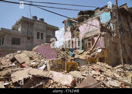 Terremoto, terremoto Nepal, terremoto Gorkha, terremoto 2015, terremoto danni, Distruzione di terremoto, detriti di terremoto, terremoto asiatico, Kathmandu, Nepal, Asia, crollo edilizio Foto Stock