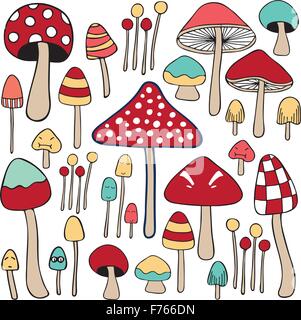 Funghi misti doodle disegnati a mano illustrazione con colori Illustrazione Vettoriale